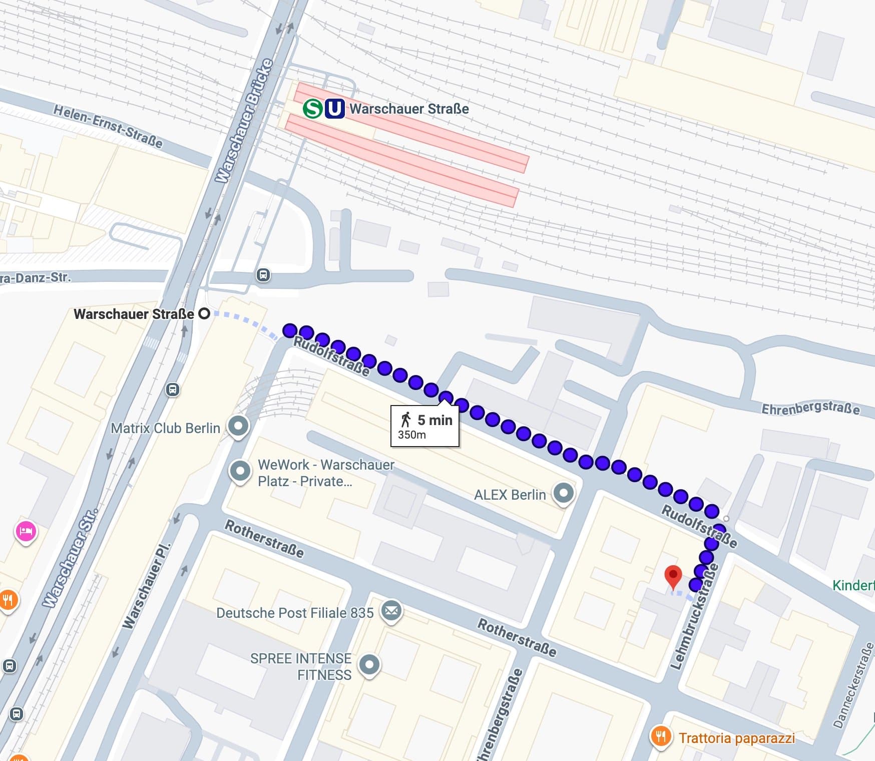 Map of the walking route from Warschauer Straße station to Lera Massage